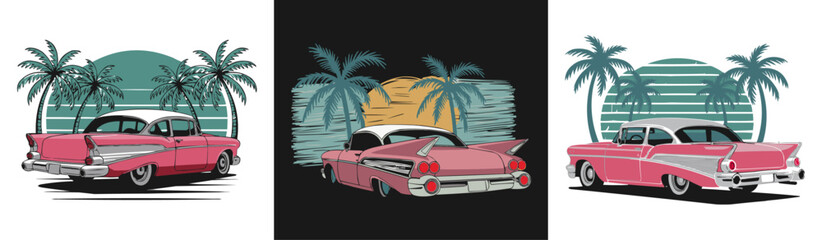 Retro Pink Classic Car with Palm Trees and Sunset Background, Evoking Vintage American Road Trips, Summer Beach Vibes, 1950s Nostalgia, and Tropical Paradise Escapes