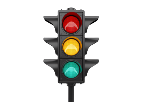Traffic light signal showing red yellow green lights against a transparent background ideal for safety transportation design