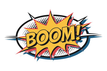 Dynamic Comic Book Style "BOOM!" Explosion Burst with Halftone Dots and Bold Typography, Perfect for Expressive Marketing, Action-Packed Graphics, and Energetic Promotions