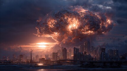 Urban Catastrophe Amidst Nuclear Detonation, a sprawling metropolis engulfed in devastation, bright flames and billowing smoke rising above towering skyscrapers, chaos ensues.