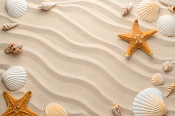 Seashell and Starfish Frame on Wavy Beach Sand Background for Summer Design