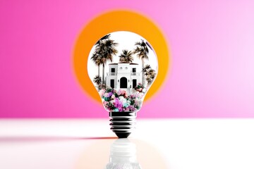 Miniature House Inside Glowing Lightbulb with Palm Trees and Flowers