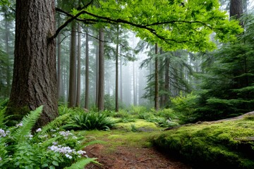 Obraz premium Fog rolling through lush green temperate rainforest