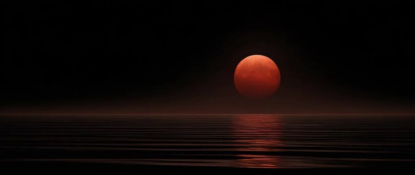 A big, red moon is visible over a gloomy