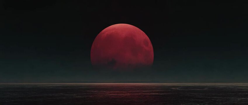 A big, red moon is visible over a gloomy