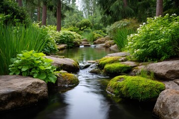 Stream flowing through lush green vegetation and rocks in a peaceful garden