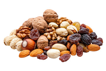 Mixed selection of nuts and dried fruits featuring walnuts, almonds, hazelnuts, and raisins arranged on a clear background