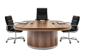 Modern office conference table with stylish black chairs and a polished wooden surface, ideal for meetings in a professional setting