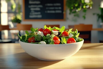 Fresh salad in a white bowl on a wooden table.