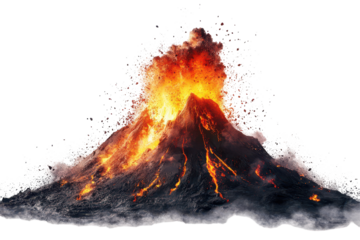 Erupting volcano spewing lava and ash against a white background showcasing natural phenomena and geological activity