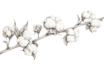 Graceful hand drawing of a cotton branch with fluffy bolls and delicate leaves showcasing intricate details and elegant lines against a white background