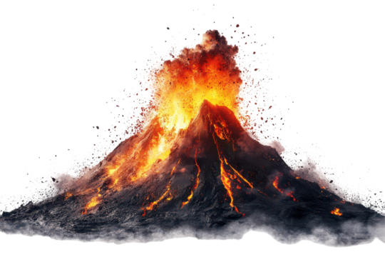 Erupting volcano spewing lava and ash against a white background showcasing natural phenomena and geological activity