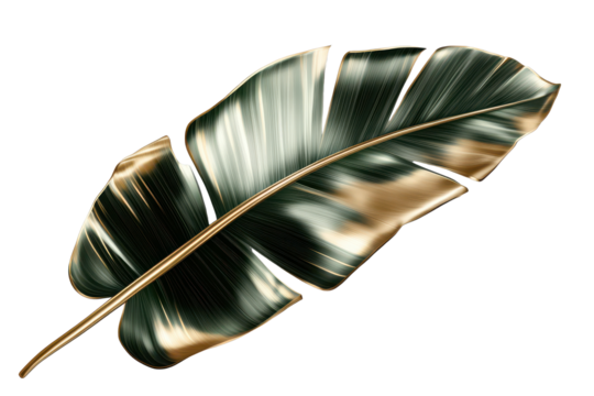 Elegant green and gold palm leaf illustration showcasing intricate details and vivid colors against a transparent background
