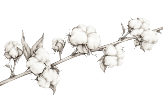 Graceful hand drawing of a cotton branch with fluffy bolls and delicate leaves showcasing intricate details and elegant lines against a white background