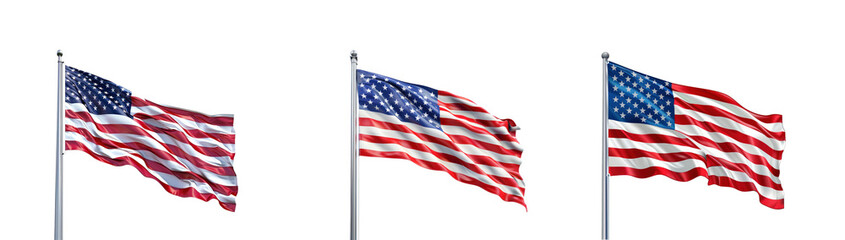 Fototapeta premium Three American flags waving in the wind against a transparent background