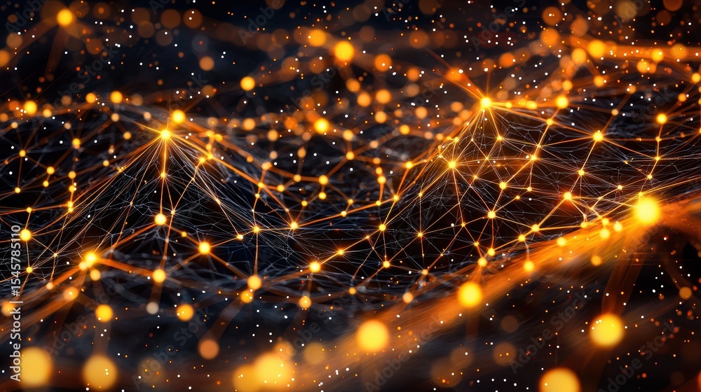 Poster A dynamic digital network of interconnected glowing nodes and lines forms a vibrant, futuristic web of data and communication, AI network