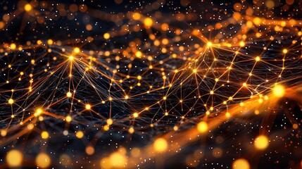 A dynamic digital network of interconnected glowing nodes and lines forms a vibrant, futuristic web of data and communication, AI network