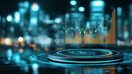 A futuristic digital interface displays rising bar and line graphs over a glowing platform set against a blurred cityscape at night, AI network