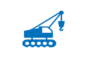 The image displays a solid blue icon of a crawler crane, illustrated in a flat and minimal style.The crane features a tracked base with six visible circular wheel