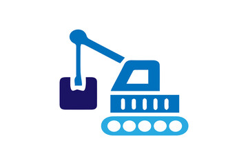 The image presents a modern, flat-style icon of a crawler crane or excavator.The base of the machine is light blue with four circular track wheels.