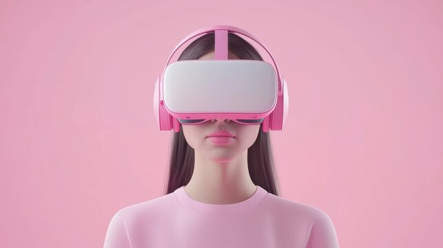A woman wearing a pink virtual reality headset and headphones against a pink background, AI network