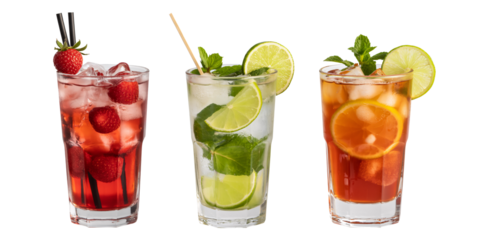 Refreshing summer cocktails featuring strawberry, lime, and mint garnishes in tall glasses filled with ice, transparent background
