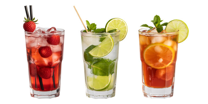 Refreshing summer cocktails featuring strawberry, lime, and mint garnishes in tall glasses filled with ice, transparent background - Powered by Adobe