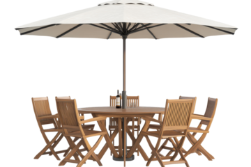 Outdoor dining set with large umbrella surrounded by wooden chairs suitable for relaxed gatherings in a backyard or patio setting at any time of the day
