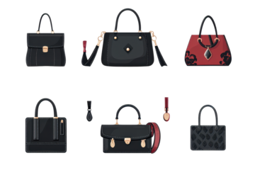 Modern collection of stylish handbag icons showcasing various designs and colors ideal for fashion enthusiasts and accessory lovers