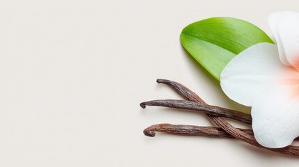 Vanilla Beans and Orchid Flower on Beige Background