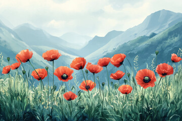 Vibrant red poppies blanket a field against a backdrop of majestic mountains.