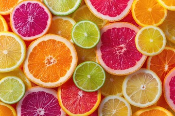 A vibrant close-up of numerous citrus fruit slices, including oranges, grapefruits, lemons, and limes, arranged in a colorful, overlapping pattern