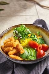 Tempura chicken poke bowl, bright natural light, closeup composition