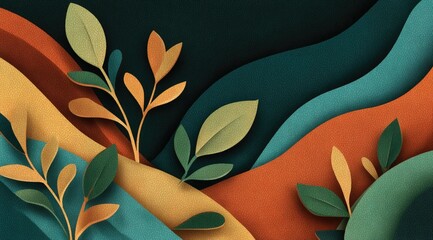 Abstract paper art depicting stylized foliage nestled within undulating, autumnal-toned waves