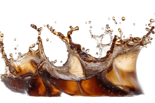 Dark chocolate liquid splash creates dynamic patterns isolated on a transparent background showcasing fluid motion in a vibrant display