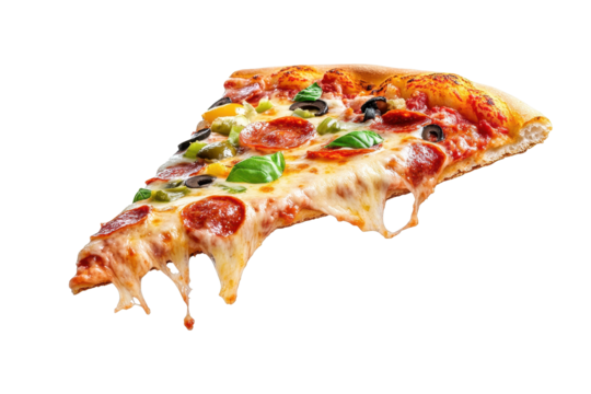 Flying pizza slice showcasing melted cheese, pepperoni, olives, and basil in a vibrant arrangement celebrating cheesy goodness in a whimsical manner
