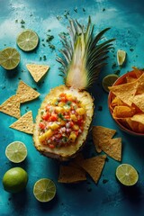 Pineapple half filled with vibrant mango salsa, surrounded by tortilla chips and lime wedges on a teal background