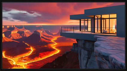 Sunset view of futuristic house above glowing lava

