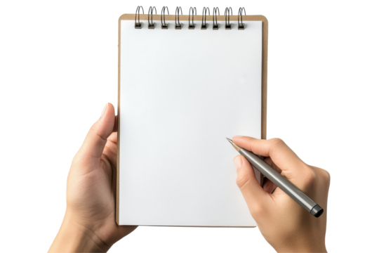 Hand holding a blank notepad with a silver pen ready for writing, isolated on a transparent background perfect for creative projects and brainstorming activities - Powered by Adobe