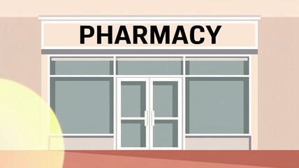 Pharmacy with a white sign on the front