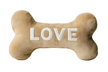 Large tan dog toy in the shape of a bone featuring the word LOVE embroidered on it, perfect for playful pups at home or in the park