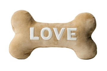 Large tan dog toy in the shape of a bone featuring the word LOVE embroidered on it, perfect for playful pups at home or in the park