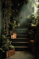 Dark, moody stairway draped in lush greenery, illuminated by soft light, wooden crates at base