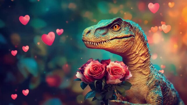 Dinosaur holding pink rose bouquet with heart shaped bokeh lights and floating heart shapes colorful romantic flower background full of love and charm