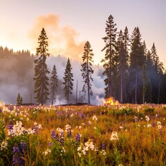 Obraz premium A vibrant field of colorful wildflowers sways gently in the breeze, with lush green trees standing tall in the soft-focus background under a clear blue sky.