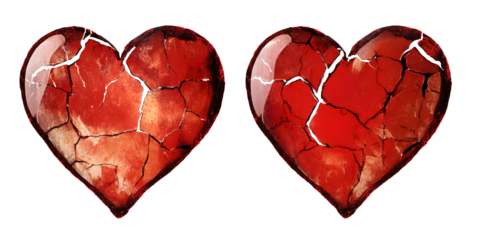 Cracked red hearts symbolizing broken love and emotional pain, isolated on transparent background, png