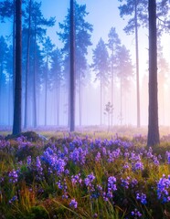 Naklejka premium A vibrant forest scene showcasing a carpet of delicate blue flowers blooming beneath tall, lush green trees, creating a serene and enchanting atmosphere.
