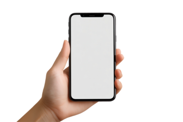 Hand holding a smart phone isolated on a transparent background showcasing a blank screen ideal for various design purposes