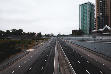 An empty city street. Wide roadway without cars