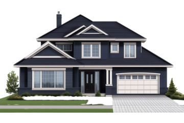 Modern suburban house with stylish architecture and spacious driveway set against a white background for clear presentation of design features